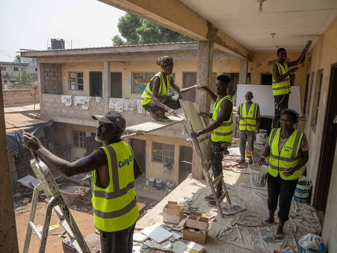 Multi-property ceiling program rollout across sites in Accra — shot: standardised suspended grid ceiling repeated across identical apartment units, estate rollout, Accra  ceilinggh, Accra Ghana